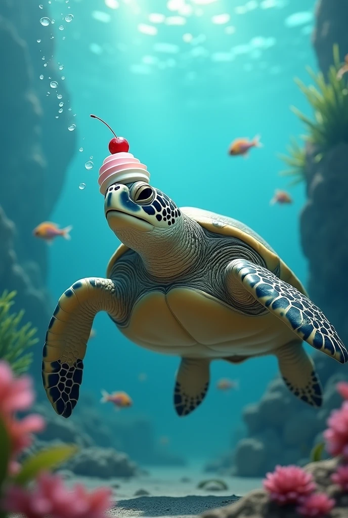 Sea turtle sucking ice cream