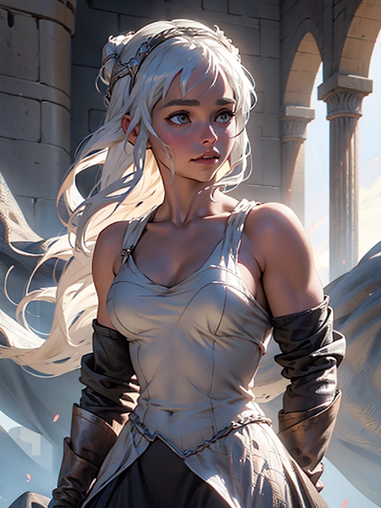 1girl, jewelry, bracelet, day, solo, cloud, horizon, long_hair, outdoors, looking_at_viewer, the best quality, masterpiece, castle wall, armored, short hair, white hair,<lora:Riven:1>
