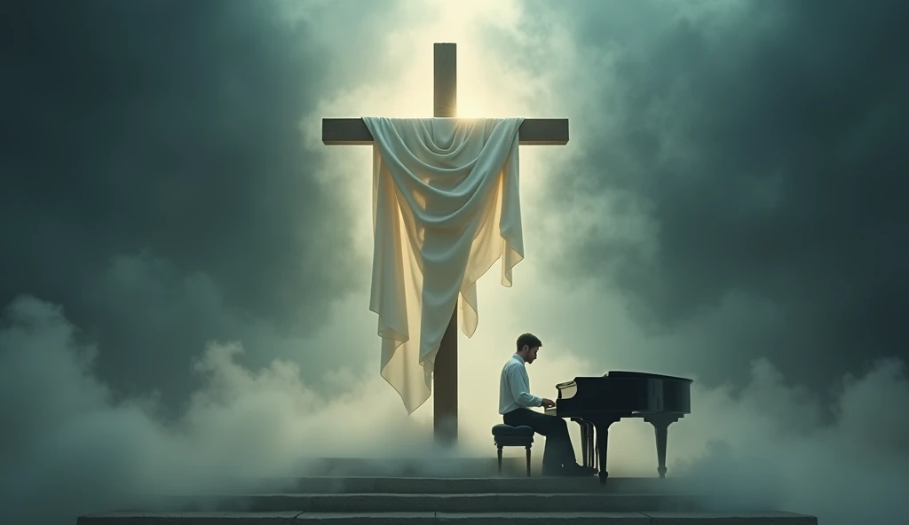 A serene scene of a male pianist playing a grand piano The image depicts a powerful scene with a solitary wooden cross, standing majestically atop a platform surrounded by swirling mists. A white cloth is draped over one arm of the cross, catching the light from within the structure, which shines outward, piercing the surrounding darkness. The atmosphere is ethereal and mystical, set against a backdrop of a dark, stormy sky, suggesting a moment of divine significance or spiritual revelation. The overall mood is solemn and awe-inspiring, evoking a sense of reverence and mystery.