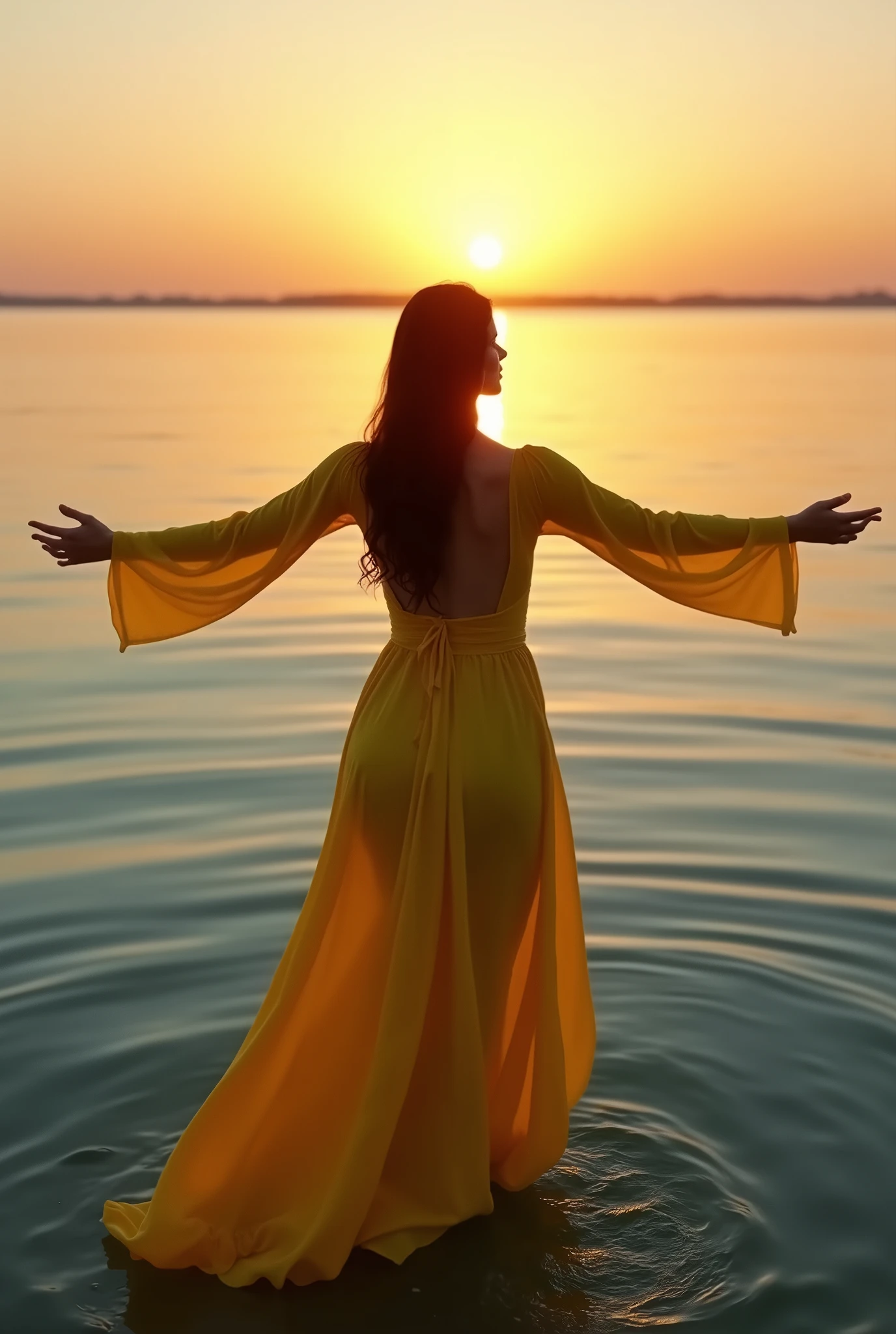 A perfect shot of a woman in a long yellow dress, coming out of the water, View from the lake bottom, Watching the setting sun with arms elegantly outstretched, She closed her eyes, Her lips were closed and her legs were stretched out. Her hands are spread out to the sides.. perfect face, perfect hands, ultra-realistic, perfect style, epic, realistic, CinemaScope, No nudity, Transparent clothing is prohibited.,With your back to the camera