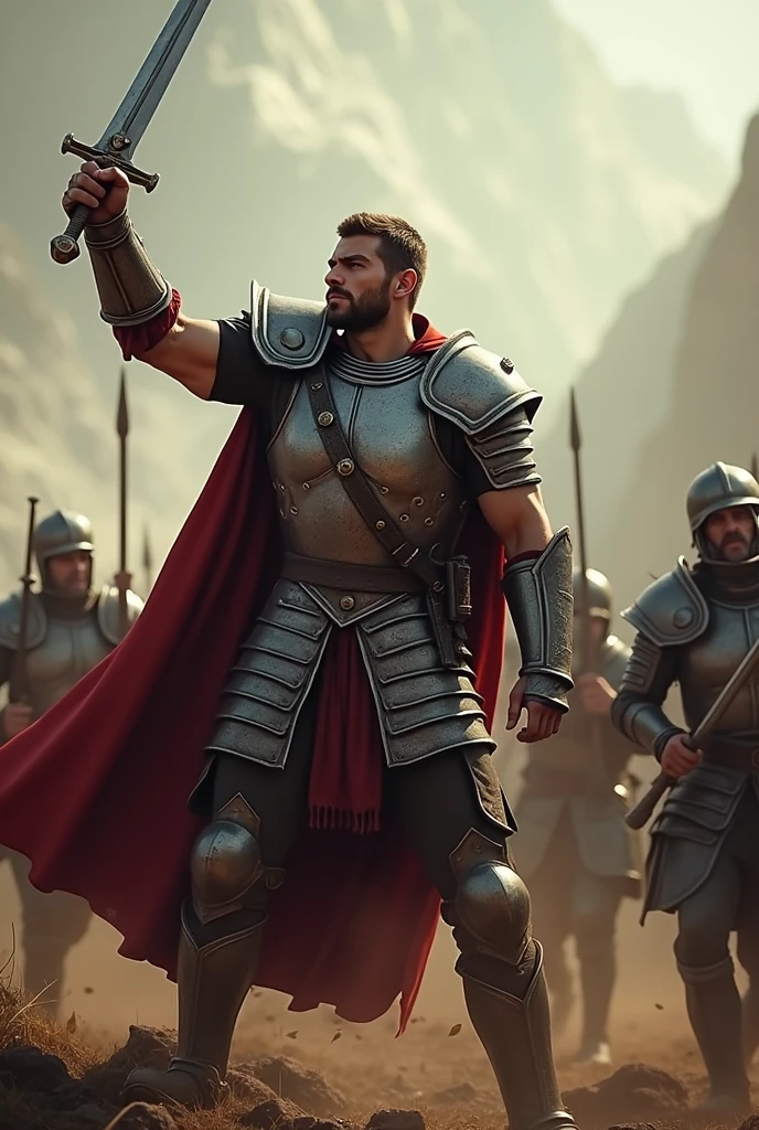 Leon Protecting His Allies: Leon in a heroic pose, defending his allies from a wave of enemy soldiers. He is at the forefront, his sword raised, as his allies retreat to regroup. Leon's expression is one of pure determination, showing his commitment to protecting his kingdom.
"hyper realistic"