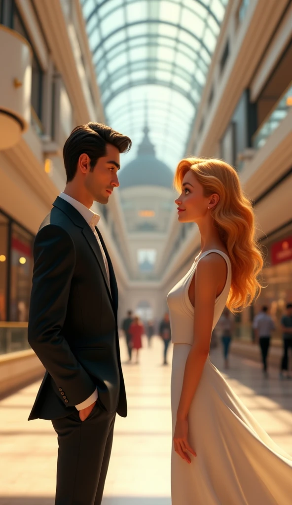 A sad handsome guy with black suit accidentally meeting a young woman with yellow hair and a white sleeveless dress at a shopping mall, pixar style, cinematic, masterpiece, high-aesthetic, realistic