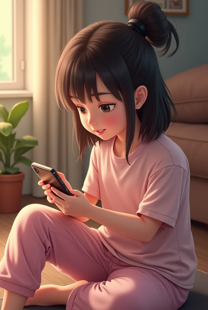 One girl chatting wile holding the phone in a hand .she wared light pink colour t shirt and light pink colour night pant in one room.she sat in flore