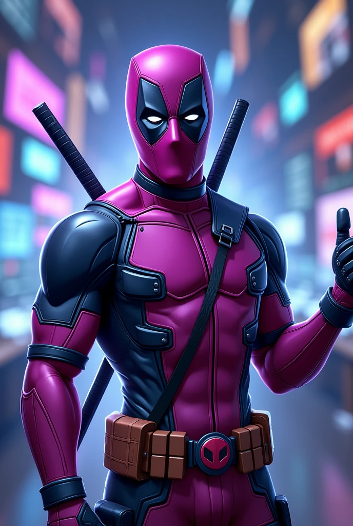 Purple Deadpool doing digital marketing