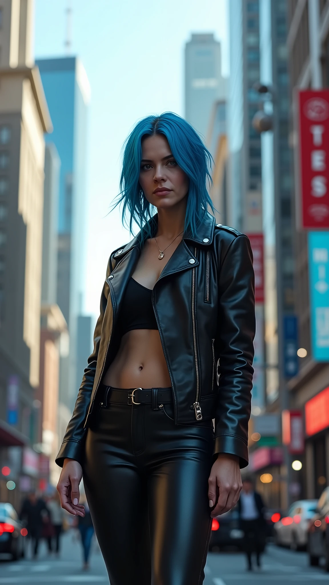 Mid-30s woman, Blue hair, Black Leader Outfit, on city. detailled, photorealistic