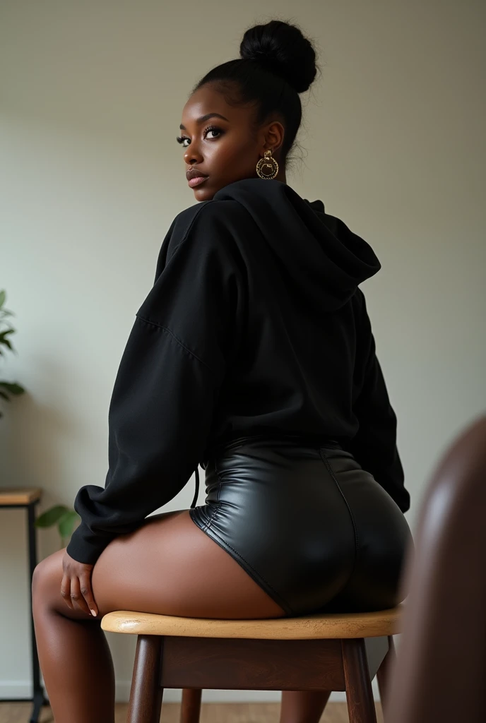 Black woman wearing leather short shorts and black hoodie hair in a bun getting up from a chair. Camera looking at her butt. Backside view low angle