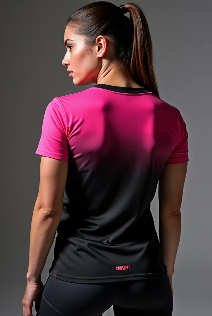 A women's CrossFit shirt with a black and pink gradient Featuring CrossFit logos
