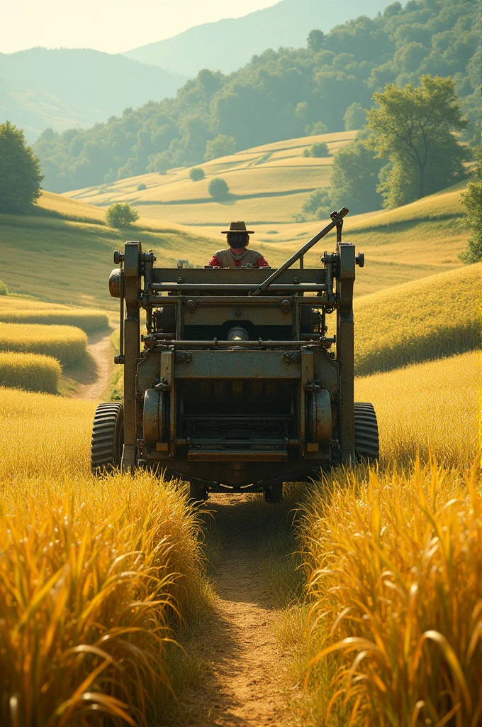 A rice thresher in a field