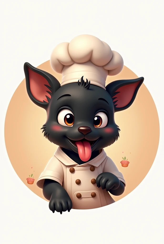 create a circular animated logo for instagram of a black baby dog, that he is a pastry chef, that has a chef's hat, eating cakes or cooking