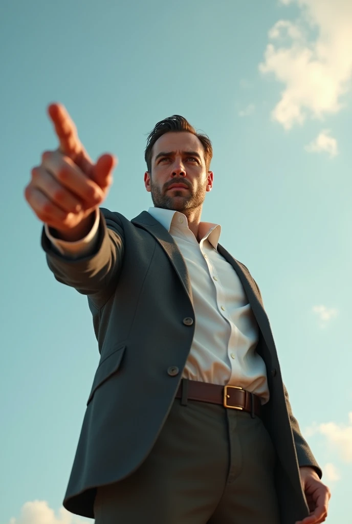 Guy pointing diagonally up facing the camera