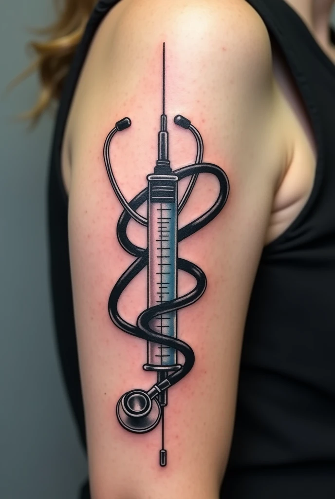 Give me a tattoo idea that represents the medical career. Being the main focus a syringe and a stethoscope 