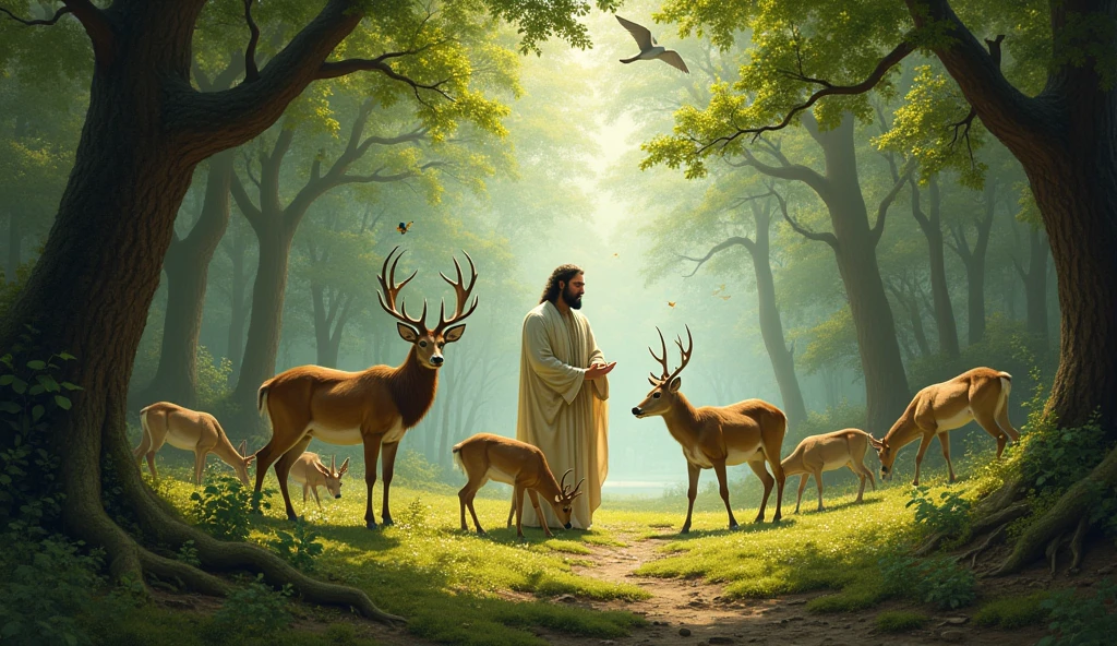Enoch interacting with wild animals, like deer and birds, in a beautiful natural environment. The scene is rich in green and earthy colors, symbolizing harmony between man and creation.