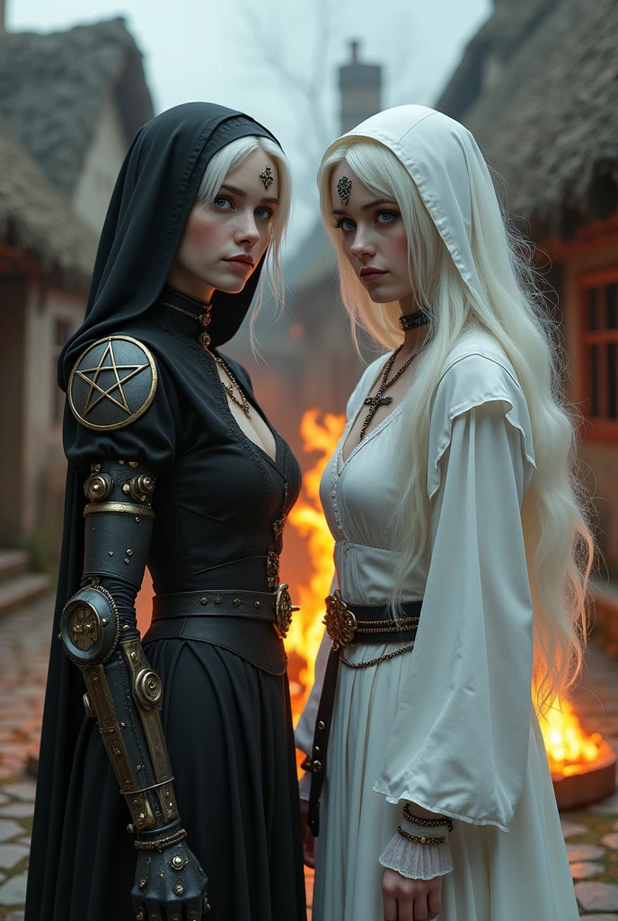 Two albino girls from the Middle Ages with white hair and violet eyes with their backs turned to each other, the one on the left wearing black alchemist clothes and her left arm with a steampunk prosthesis with a pentagram, and the sister on the right wearing white nun clothes., and a cross necklace, facing a bonfire in a village.