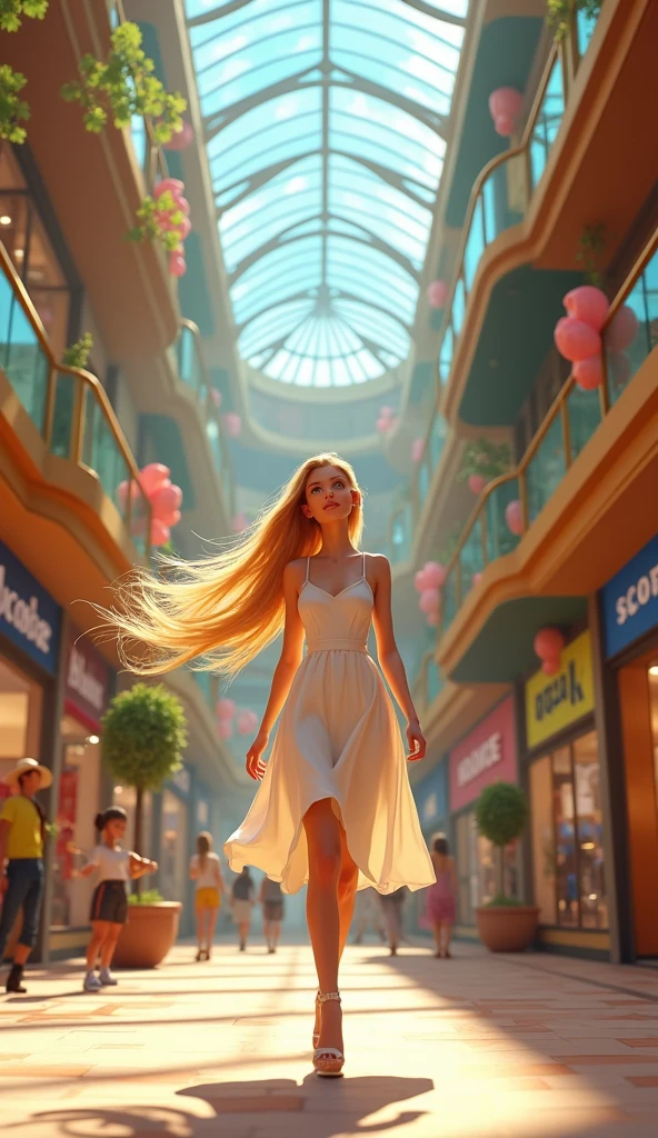a young woman with yellow hair and a white sleeveless dress at a shopping mall, pixar style, cinematic, masterpiece, high-aesthetic, realistic