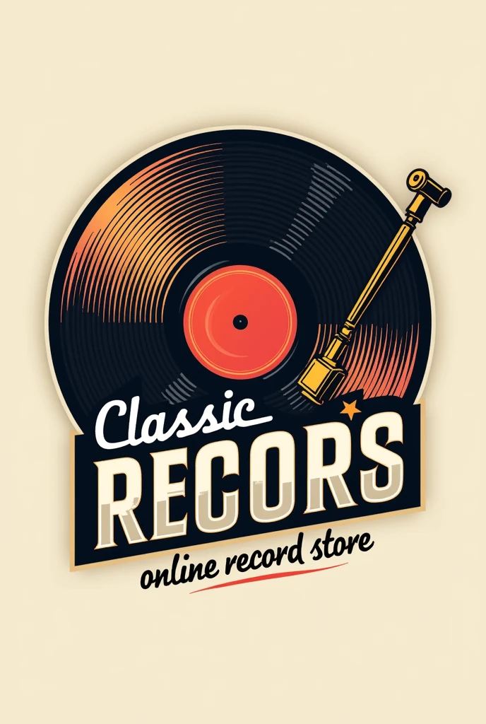 I have a store where I sell hard rock vinyl records from the 80s. I want to improve the logo and I want you to generate an image with these characteristics: 

 - The logo must have an 80s aesthetic but with colors like red in all, orange, sober and not very bright these colors - the store is called "Classic Records" That&#39;s why at the top of the logo it should say the name of the store: Classic Records - the logo should be sober, with 80s pop aesthetics and must have a vinyl record as the main image, may include a record player needle that gives the impression that it is spinning.
- On the bottom, As a slogan and the same typography of the logo should say: Online Record Store - in the center of the vinyl record should say the exact word: Rock N' Roll. All under the same typography - the background can be white or black, no other color