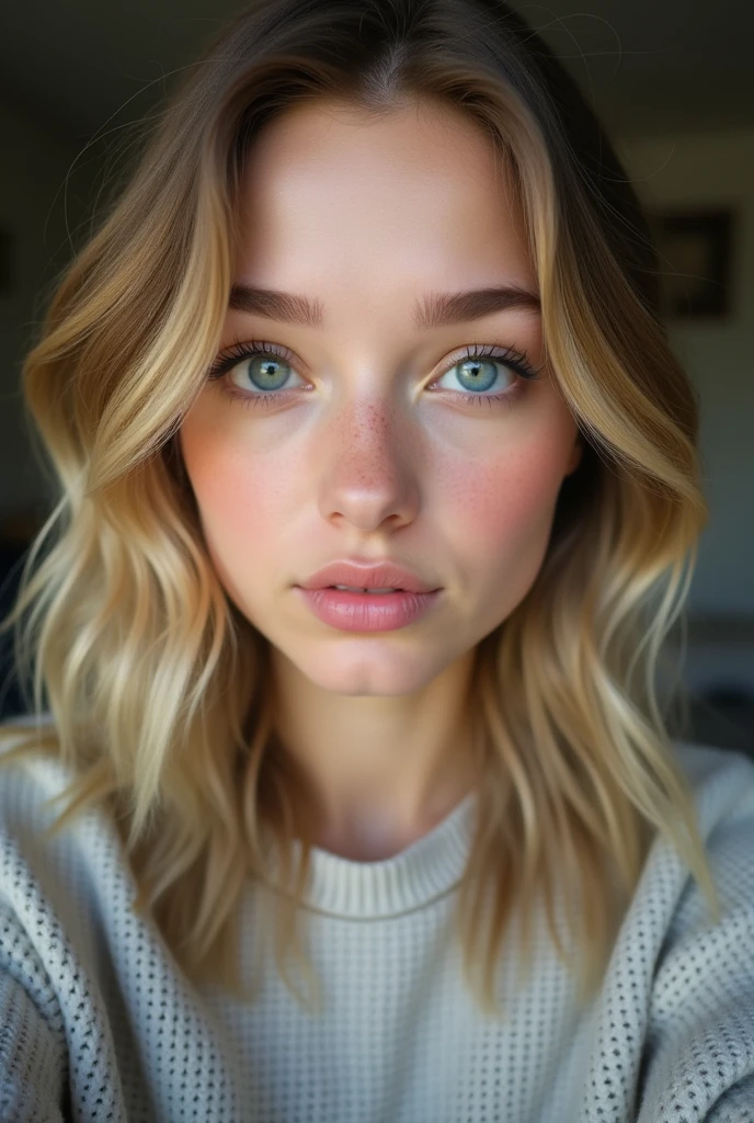 oung woman with blue and green laige eyes, beautiful look, beautiful lip, mid-length wavy blonde hair with highlights and very realistic, en selfie habiller simplelment