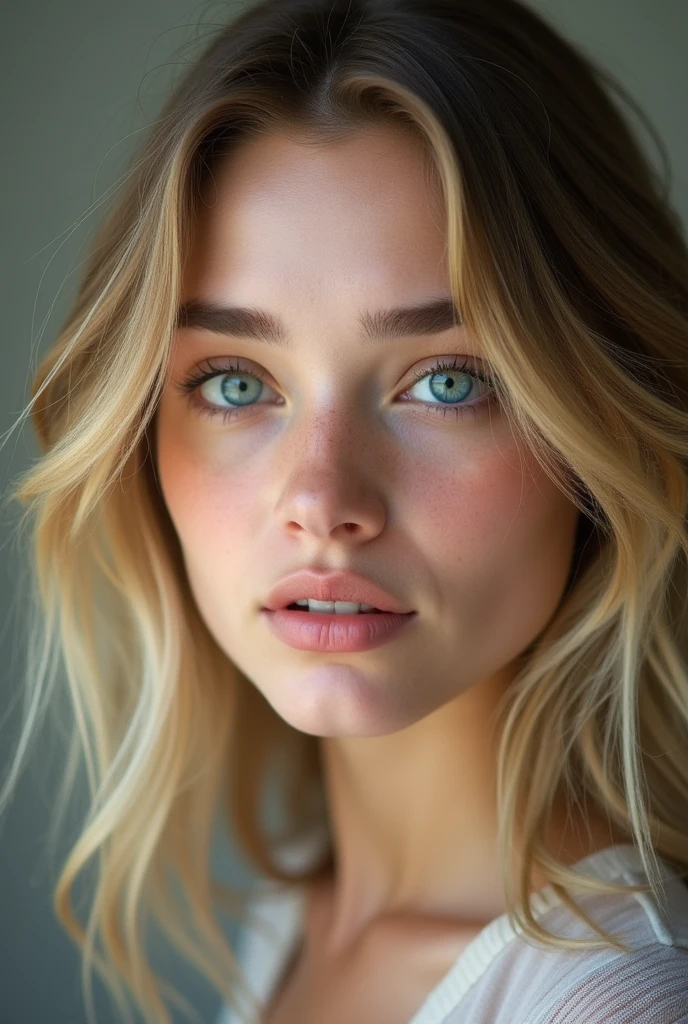 oung woman with blue and green laige eyes, beautiful look, beautiful lip, mid-length wavy blonde hair with highlights and very realistic, en selfie habiller simplelment