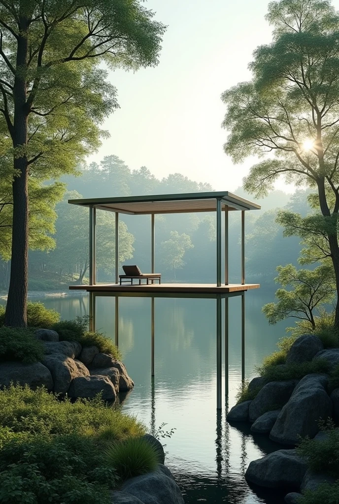 High Pavilion, lost among the trees, built in steel, in front of a lake, supported by four tubular columns.