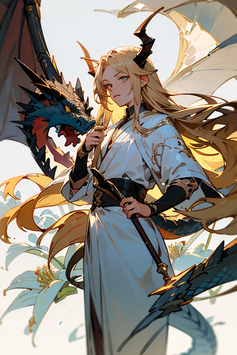 ((best quality)), ((masterpiece)), (detailed), Male, long hair, blonde hair, black and white clothes, holding staff, dragon horns, Dragon tail, white lilies