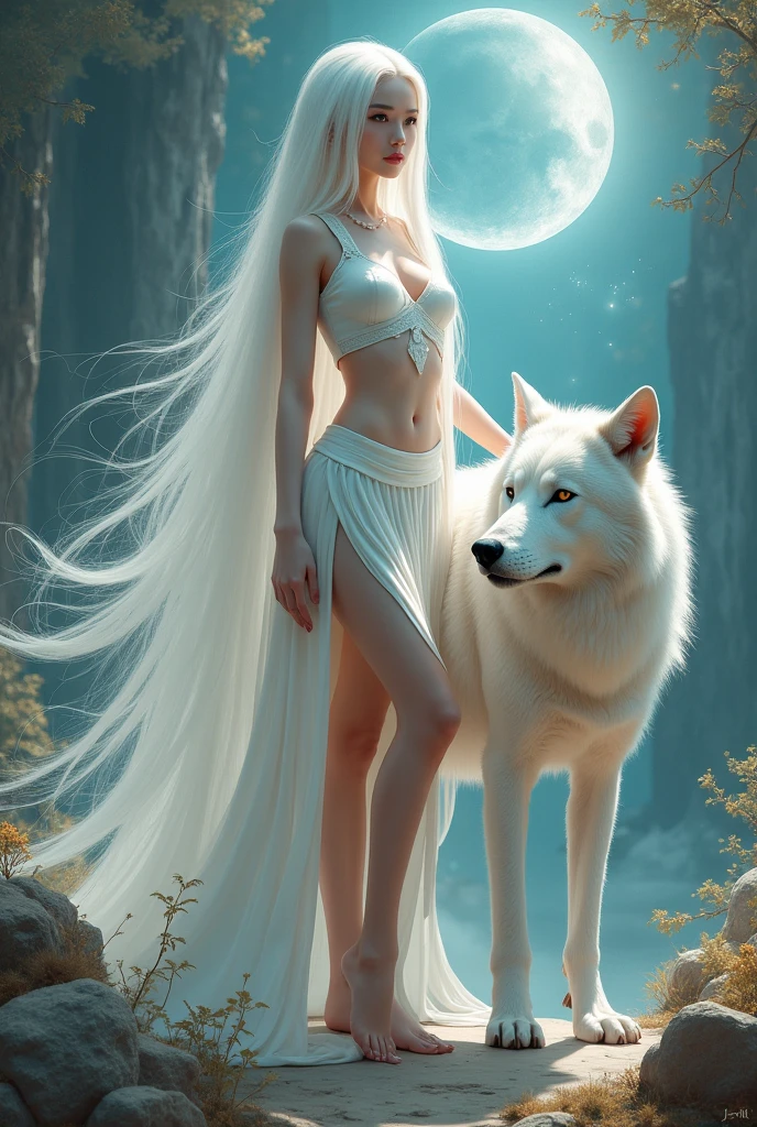 a chinese woman in a short cropped white mini dress with long white hair stand on the ground with a big white wolf next to her, mystical art, fantasy art, epic digital painting, epic digital art illustration, wlop painting style, wlop art