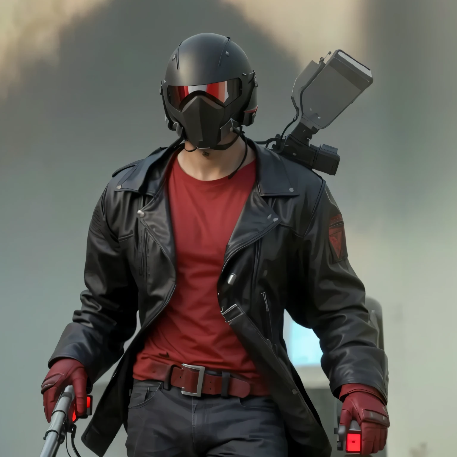 man, leather jacket, red t-shirt, helmet covering his entire face, technological, ak 47 on his back.
