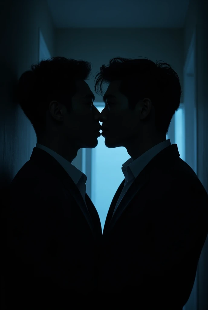 eux tu faire deux hommes en train de se regarder mantiquement de vue de dos dans le noir ou on voit ste les silouhettes. Je veux qu'on voit que leurs ombre Je veut qu'on voit que leurs silhouette. I don't want us to see their faces. An image or that the face has seen not the body. Bring their faces closer together. Deux ommes apparence coreen. Je veux que l'image ssemble à la couverture de l'album de taeyeon to x. a man with fuller lips and a face. Un homme avec un air innocent, visage rond et livre pulpeuse et l’autre un homme d’affaire avec sa silhouette dans le noir complet avec une lumière bleu sombre ambiance avec une apparence reel. Un homme apparence d’origine filipin Grosse levreet l’autre coréen mais qui ne s’embrasse pas mais presque. Dans un mur noir derrière avec une coupe au bol une frange jeune sans barbe qui s’embrasse pas dans la nuit. One man taller than the other