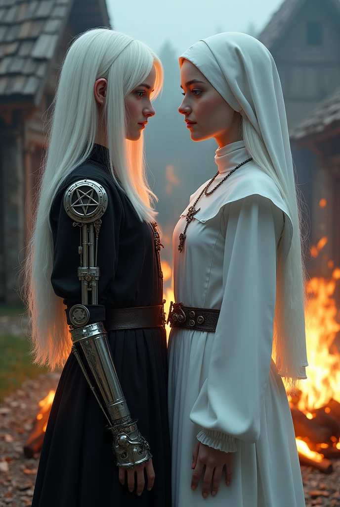 Two albino girls from the Middle Ages standing back to back with violet eyes and white hair, with the one on the left with short hair in dark alchemist clothes and with a steampunk prosthesis holding a dagger with the baphomet symbol in her left hand, and a cut on the face, and the one on the right in white nun&#39;s clothes holding a rosary, with a burning church behind, the night.