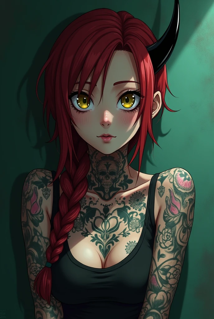 The image is anime style with shadows and dim lights, anime style although somewhat adult and dark, It shows a young woman who is apparently 20 years old., redhead who has her hair in a single large braid, It has only a single small black horn on the right side of its forehead., He has black eye sclera and yellow pupils.. His entire body is tattooed with strange symbols.. She wears nothing but a small dark red skirt and a worn dark red top.. The background of the image is a green wall. His feet are bare. He looks psychopathic. he would be. evil. you can see his feet.