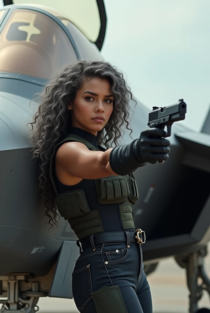  
 
A beautiful youthful looking Filipino version of Ariana Grande as a 50 years old woman with long curly completely gray hair as the superhero Daisy Johnson from Agents of S.H.I.E.L.D wearing a Daisy Johnson outfit leaning on a f 35 holding a gun in her hands pointing it in front of her

