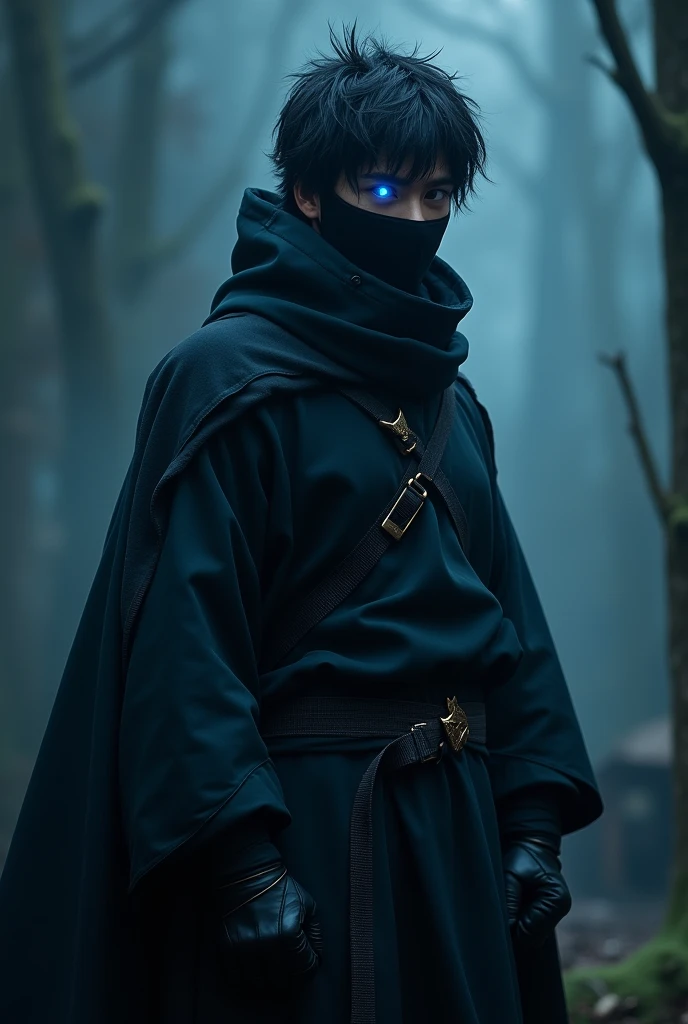 A young man wearing a black ninja dress and his eyes are growing blue