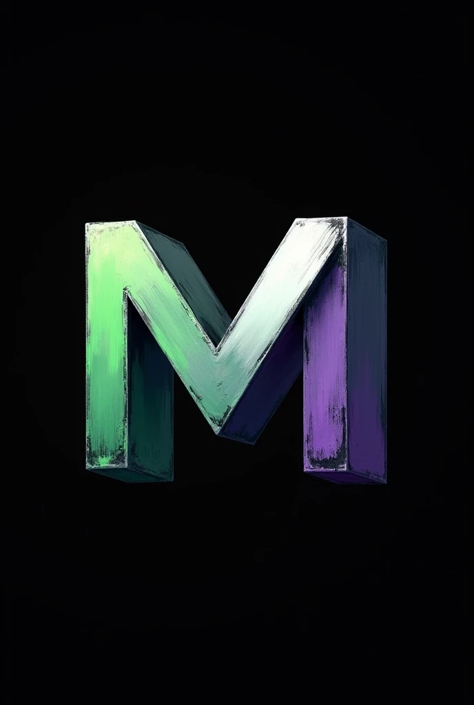 Letter M with green, white, black and purple colors in a logo style with a painting style, the letter must be on its side in 3d, total black background 