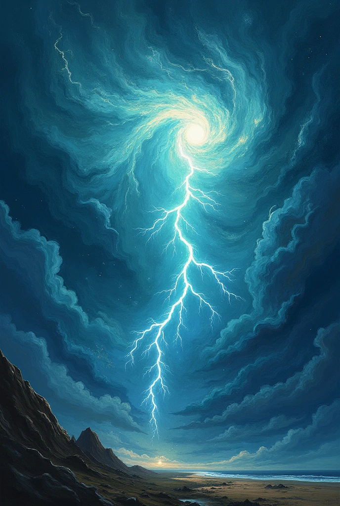 Empty Space galaxy anomaly of thunders and lightning everywhere more cloud thunder and stars, cyan, light blue, Van Gough, space, galaxy, ominous