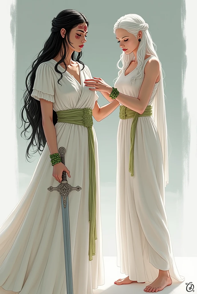Create a drawing of a black-haired woman wearing a white dress typical of Rome, the right side of your forehead is stained dark red, she holds a silver jade-handled sword, (she has her back to the other woman) Behind her is an ethereal-looking woman who wears a jade bracelet on both hands and both feet, she touches the black haired woman's shoulder and the black haired woman touches her hand with unspoken reciprocity for support