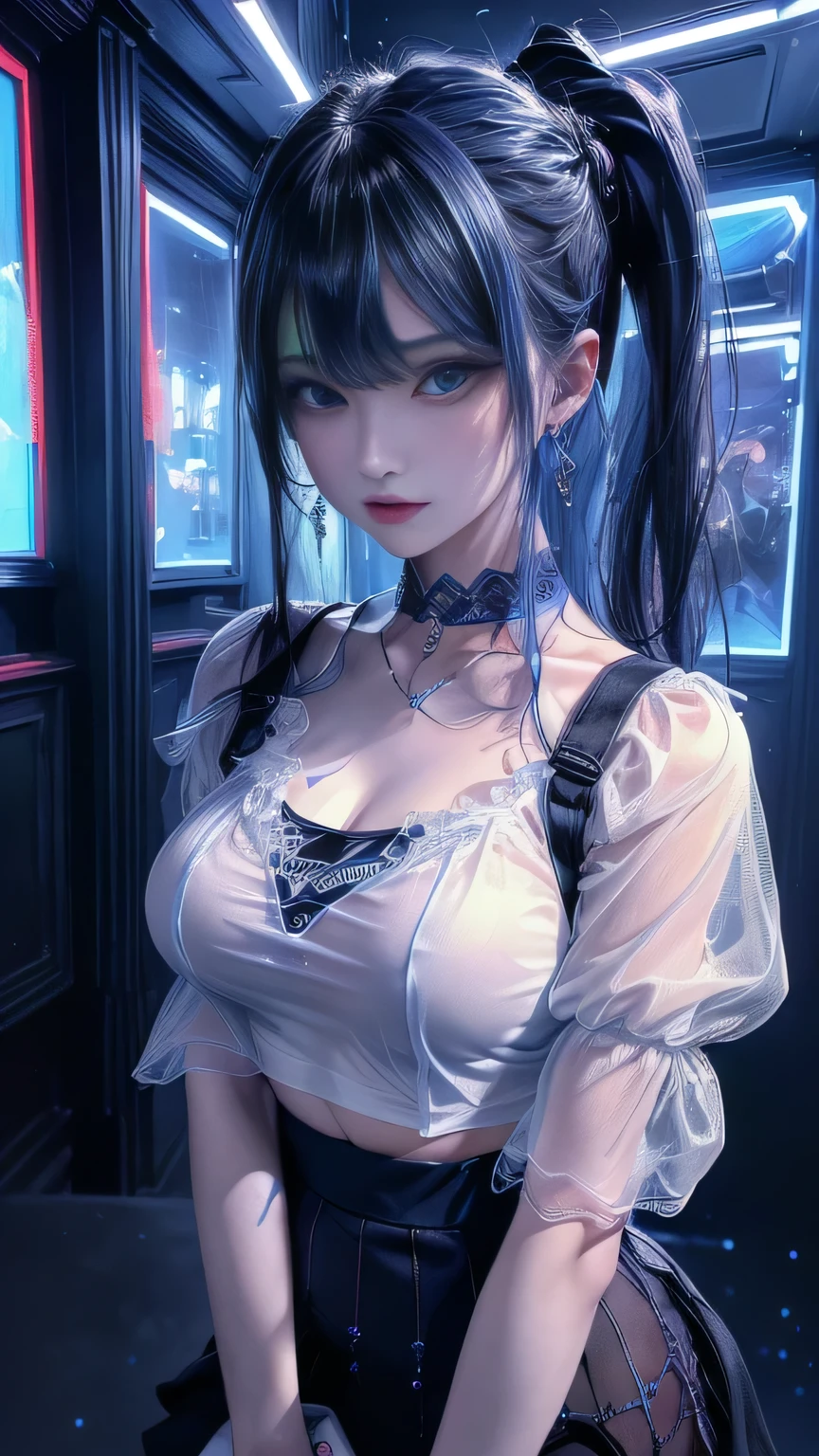 top-quality、Top image quality、​masterpiece、girl with((18year old、Best Bust、Medium bust、Bust 85,Beautiful blue eyes、Breasts wide open,Black Short Sleeve T-Shirt、White see-through、Black short skirt、Ponytail with black hair、grin、Fashionable bags、Beautiful blue earrings、emphasis on the buttocks、A slender、Height 175cm,posterior view、Leaning forward、Blue hair mesh)）hiquality、Beautiful Art、Background with((Inside the cinema、Red and blue lighting)),masutepiece、Elaborate design、visualart、depth of fields、The best lighting、highestdetailed、