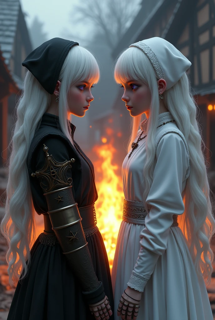 Two albino girls from the Middle Ages with white hair and violet eyes with their backs turned to each other, the one on the left wearing black alchemist clothes and her left arm with a steampunk prosthesis with a pentagram, and the girl on the right wearing white nun clothes., and a cross necklace, facing a bonfire in a village.