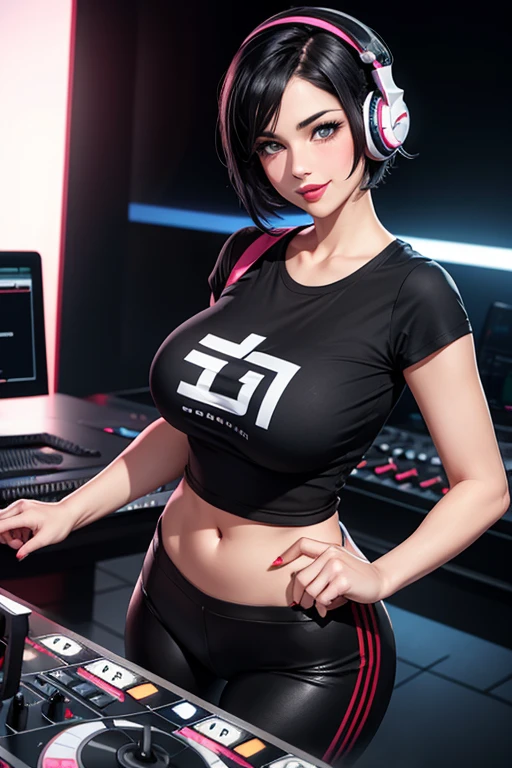 Beautiful female dj short black hair light eyes firm body perfect breasts black t-shirt sports pants blushing face cheerful red lips smiling charming blushing cheeks on dj board headphones