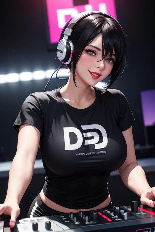 Beautiful female dj short black hair light eyes firm body perfect breasts black t-shirt sports pants blushing face cheerful red lips smiling charming blushing cheeks on dj board headphones 