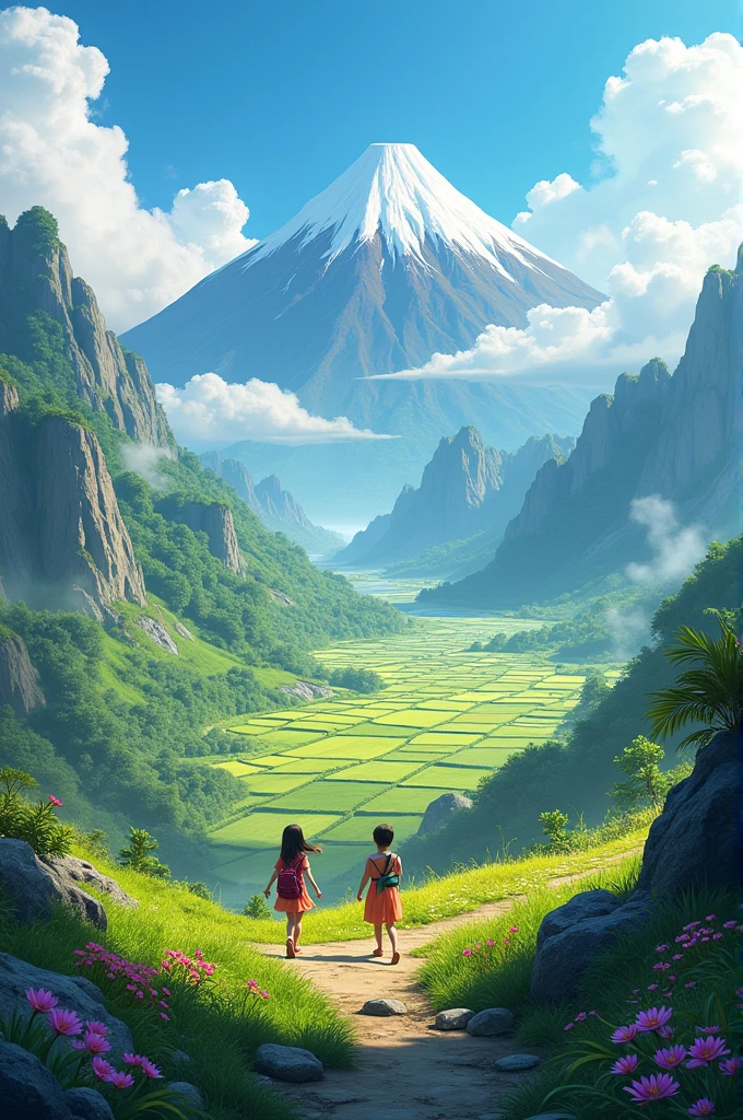 Create a landscape for children that contains paramos, volcanoes, plains or rice crops , Plateaus, hills, mountain ranges, mountains