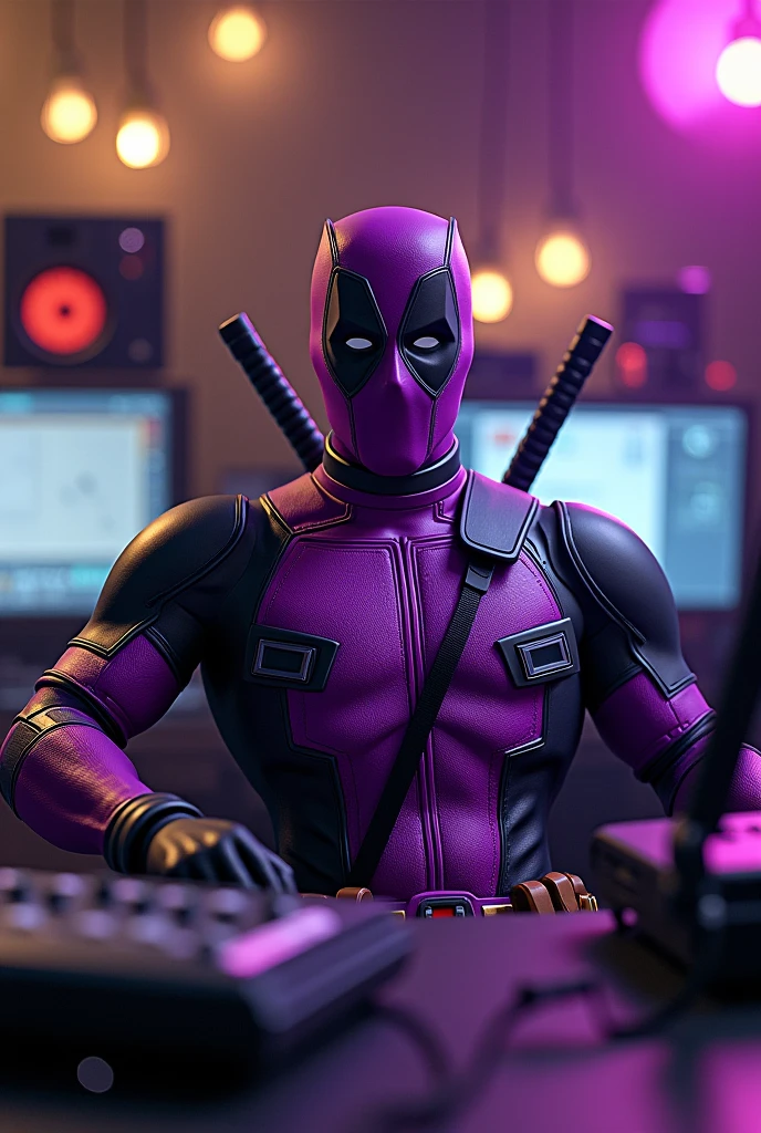 Purple Deadpool in a radio studio 