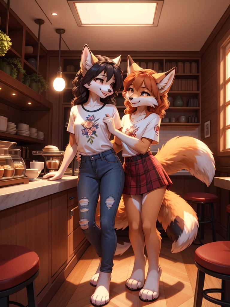 Beautiful, (masterpiece), high quality, perfect lighting, Highly detailed CG Unity 8k wallpaper, High resolution, perfect lighting, youthful, tall, slim, skinny, frail slender figure, slim legs, distinctly feminine figure, narrow hips, long legs, huge plump breasts, Anthropomorphic fox sisters, CG Unity, one with silky auburn fur, long, loose curls, floral blouse, high-waisted jeans, the other with snowy white fur, bobbed hair, graphic tee, plaid skirt. In a cozy café, the auburn-furred sister leans forward, her delicate fingers brushing against a teacup, while the white-furred sister playfully pokes her, both sharing a giggle, their feminine energy filling the intimate, warm space. upper body, portrait, lesbian, tribbing, scissoring, outercourse, rubbing crotch on thigh