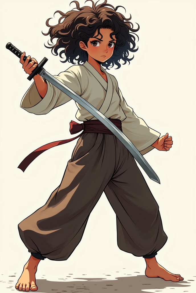 A character in the style of Gegê akutami, curly and brunette hair, a small sword, and like a jujutsu uniform, loose pants and tight shirt.