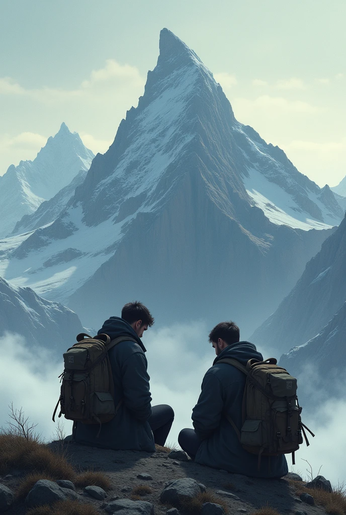 Picture of a 2 man sitting sadly on top of a big mountain