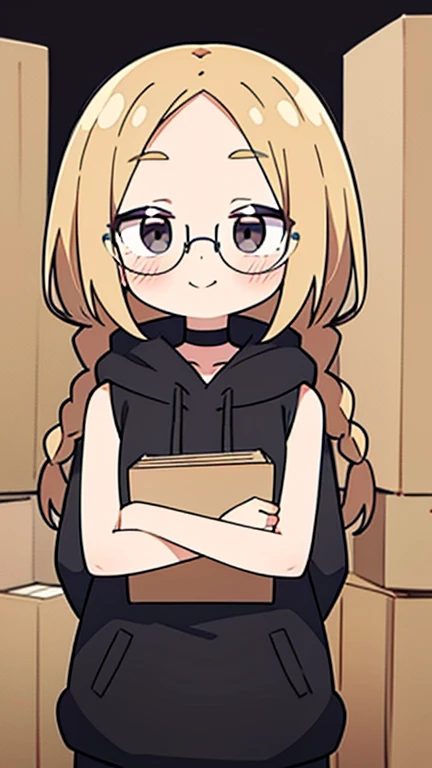 Beige hair color, center parted bangs, forehead exposed, no hair on the sides of the face, large glasses, black sleeveless hoodie, bob hair with reduced volume, long braids on both sides reaching down to the chest, holding a large cardboard box with materials in both hands, gray eyes, shy smile, choker, adult woman, blushing cheeks, beautiful, surrounded by cardboard boxes, black sleeveless hoodie