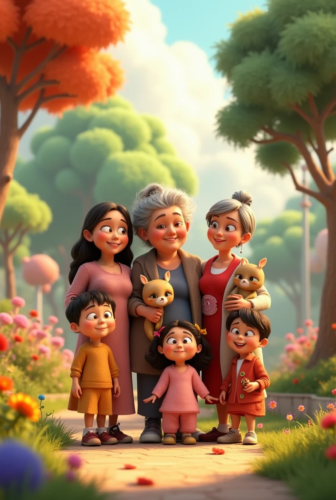 1 mother,2 daughters, 2 grandchildren and two great-grandchildren in a Pixar style park