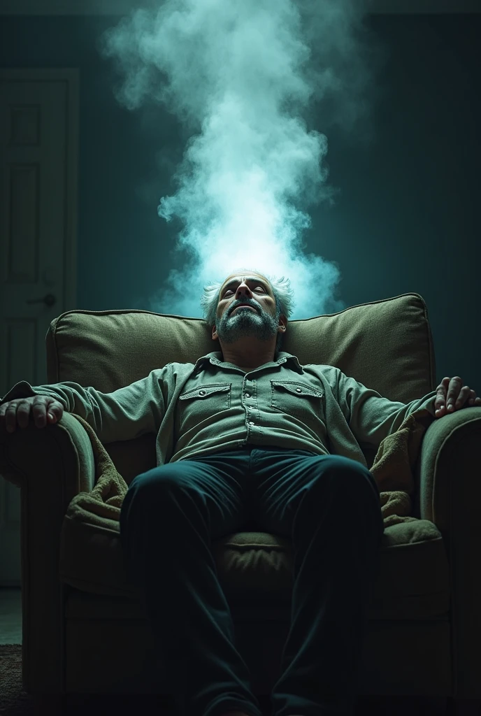 very tired-looking man is lying on sofa in the dark room w wearing worn-out clothes and in his imaginary world who has a big bright haze over his head