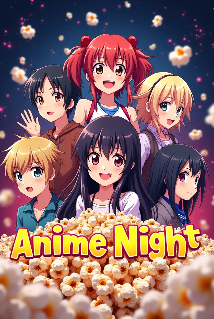 Make a logo for anime night with anime characters at background and pop corn