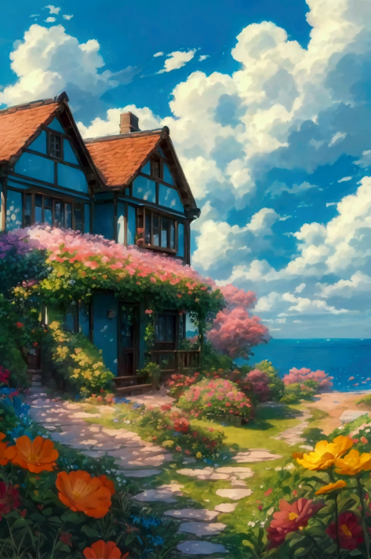 A serene seaside cottage surrounded by blooming flowers and lush greenery, set against a clear blue sky with fluffy white clouds. The scene is bathed in warm sunlight, casting soft shadows on the cottage and the garden. The style is reminiscent of a detailed and vibrant Japanese anime landscape, focusing on a peaceful and idyllic atmosphere similar to the works of Makoto Shinkai