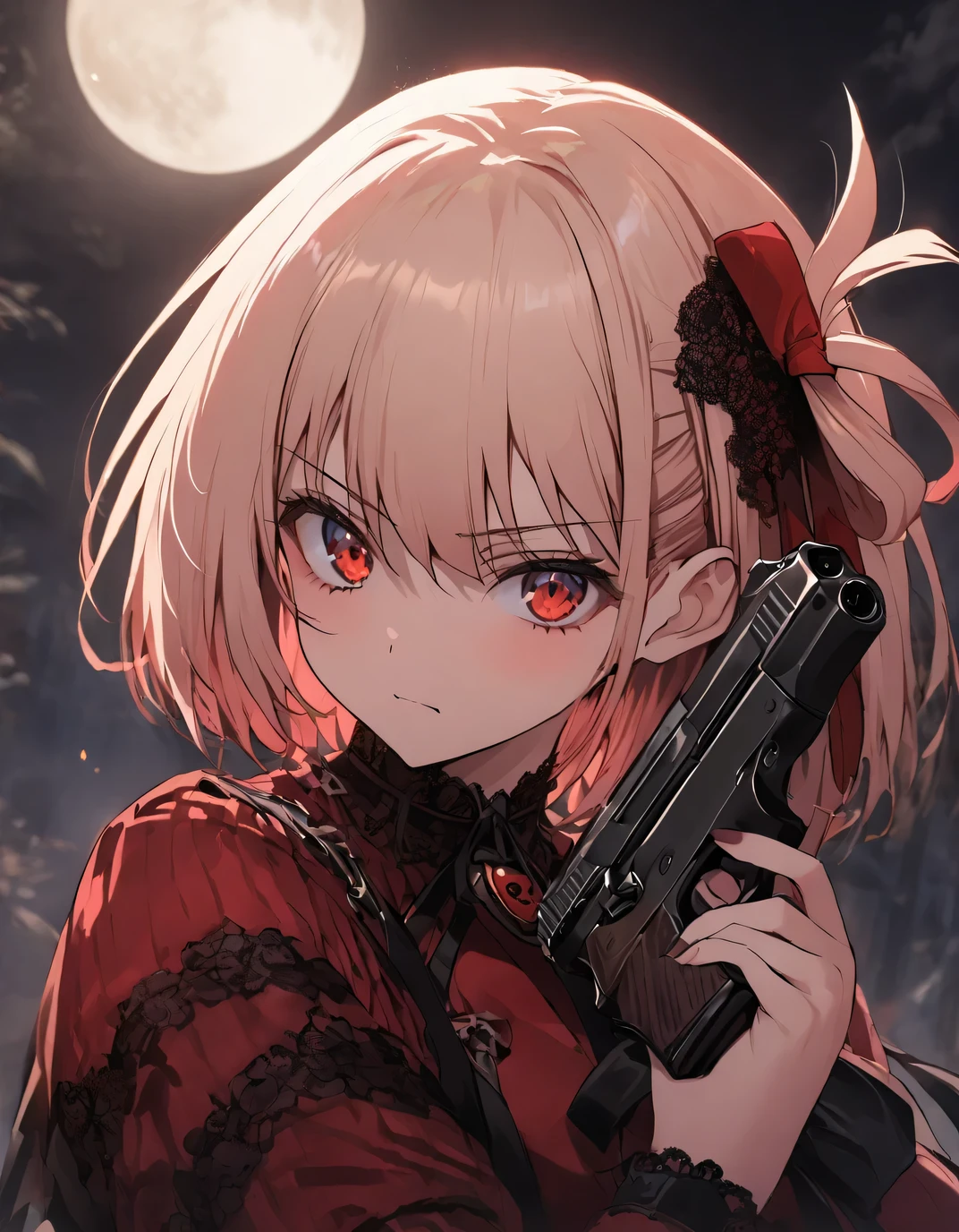 One girl, chisato nishikigi, cute, Gothic fashion using delicate lace, Red clothes, Beautiful hair ornaments, Hair between the eyes, Serious face, Upper Body, (((Ready your gun?))), Shoot a gun, night, full moon