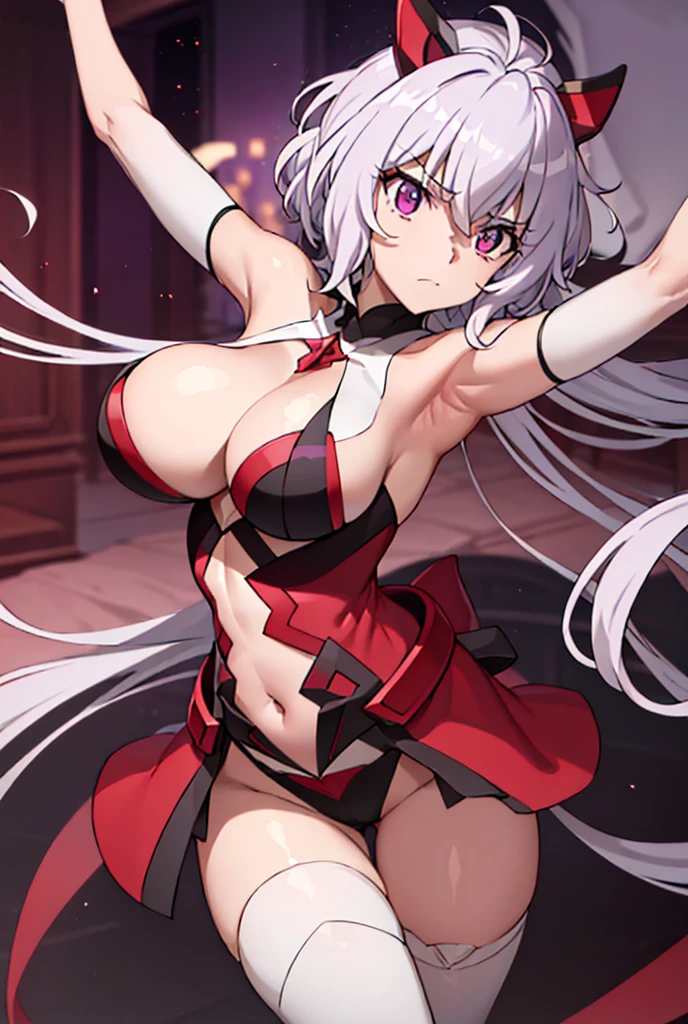 Gray (purple), Eyebrows are thin, Height is small, Big eyes, sixteen years old, Fair complexion, Large and developed chest, Glamorous, Very large chest, Young face, Legs are thin, Layered head cut, Bangs are there, Cute, Eyes are big, No cloth on the abdomen, Cartoon style, Chest is very developed, Chest is emphasized, Clothing fabric is thin, Thin abdominal muscle, Red, red, deep red, crimson are precious, Pale white, pale red, Curl inward toward the ends, Bangs are slightly long, parted on the left, Back hair, Hangs on the forehead. Curled inward toward the ends, slightly long bangs parted on the left, with back hair, hanging over the forehead, white boots, double back hair, one hundred cm chest, fifty seven cm around the waist, eighty five cm around the waist, eight k, highly saturated, abstract, bordered, hip-accentuated, , inguinal, arm-crossed, cris Yukine, SENKIZESSHOU SYMPHOGEAR.Leg spread、Groin、Hips、8k、独奏,One person, High resolution, Textured skin, Ultra high definition,