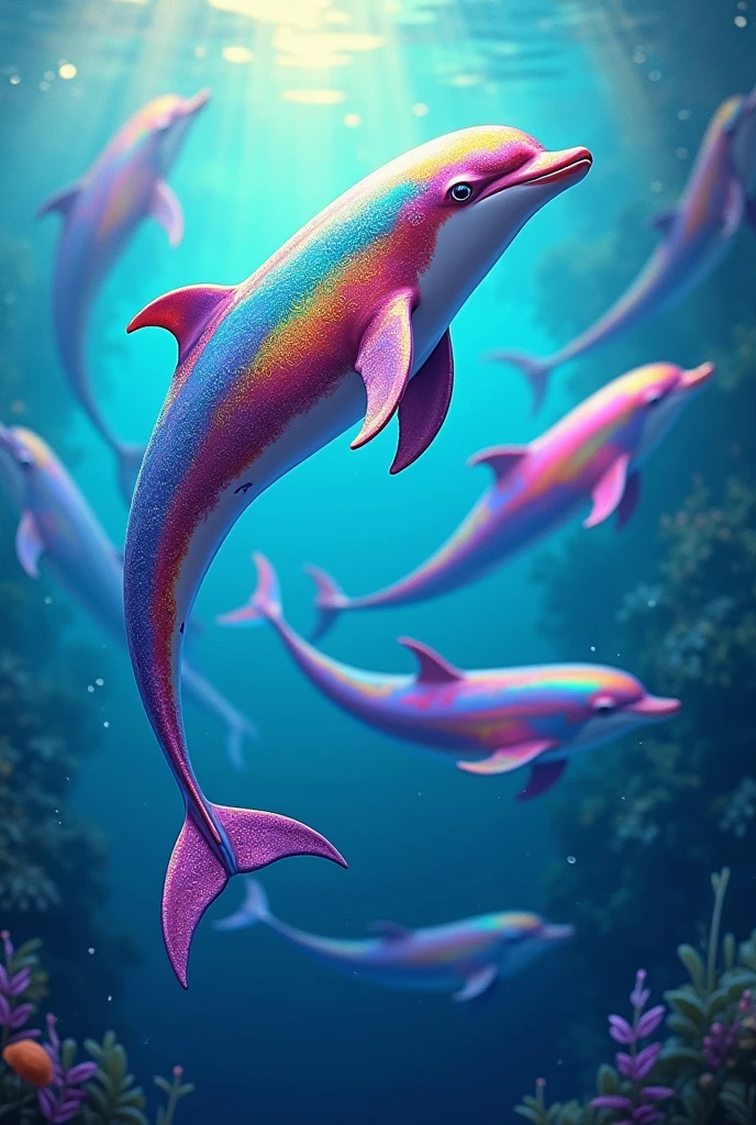 A RAINBOW-COLORED DOLPHIN WITH MORE RAINBOW-COLORED DOLPHINS